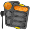 3 Pcs Silicone Baguette Pan and Hamburger Bun Pan Set, Non-Stick Hamburger Bun Mold for Baking with Scraper, 4 Wave Silicone Baguette Bread Pan Set & 6 Cup Silicone Hamburger Bun Mold