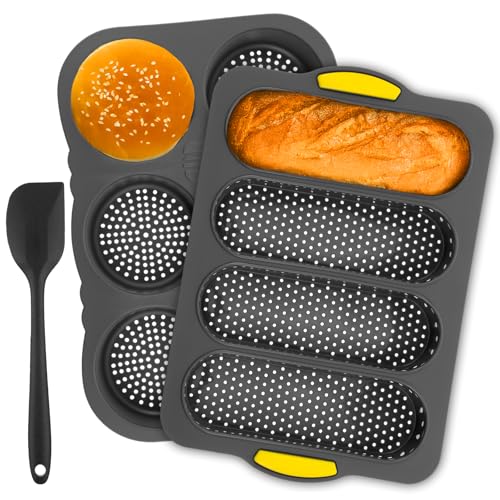 3 Pcs Silicone Baguette Pan and Hamburger Bun Pan Set, Non-Stick Hamburger Bun Mold for Baking with Scraper, 4 Wave Silicone Baguette Bread Pan Set & 6 Cup Silicone Hamburger Bun Mold