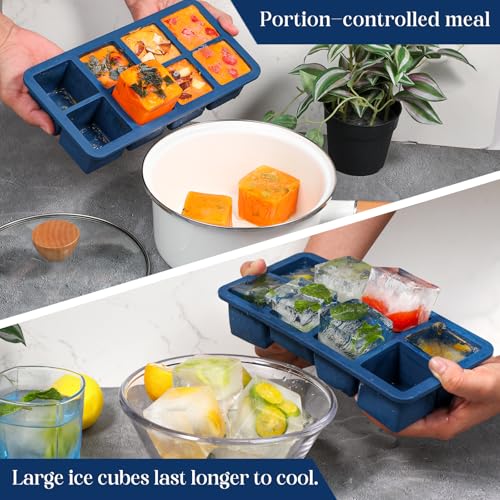 Webake 1/2 Cup Silicone Freezer Tray with Lids, 8-Grid Square Ice Cube Mold, Ideal for Prep & Portion, Large Ice Cube, Storage Soup, Snack, Broth, Leftovers, Pack of 2 - color: Dark Blue