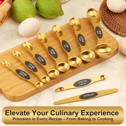 Gold Magnetic Measuring Spoons Set Stainless Steel with Leveler, Dual-Sided Stackable Metal Measuring Spoons for Baking & Cooking, Fits in Spice Jars, Heavy Duty Kitchen Gadgets, 8 Spoons & 1 Leveler - color: Gold