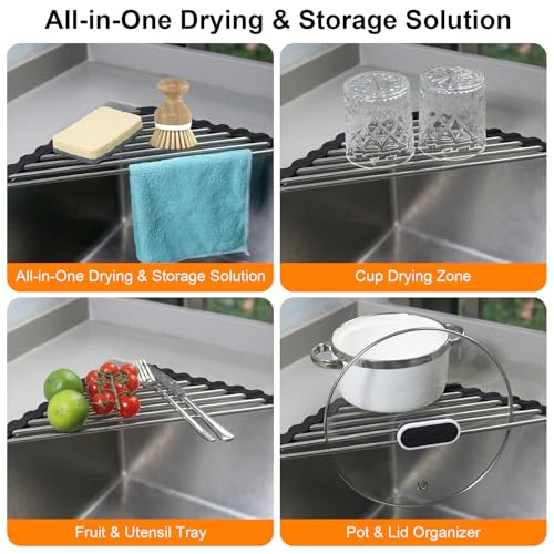 Corner Dish Drying Rack, Kitchen Sink Caddy Sponge Holder, Triangle Over The Sink Dish Drying Rack for Kitchen Counter, Roll Up Dishes Drainer Mat RV Essentials Organization and Storage Shelf, Black - color: Black