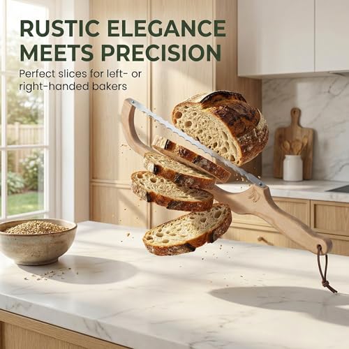 Bread Knife with Wooden Tray, 16.5" Serrated Sourdough Bread Knife, Premium Bow Bread Slicer for Homemade Bread, Bagels & Loaf, Stainless Steel Cutter (Birch, Narrow-Spacing) - color: Birch-Narrow