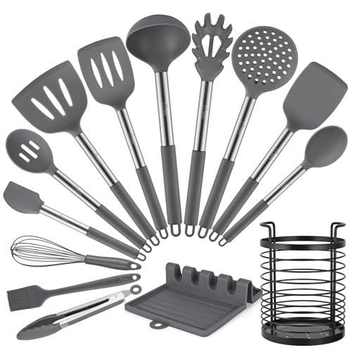 HOTEC Silicone Kitchen Cooking Utensils Set,14pcs Grey - color: Gray