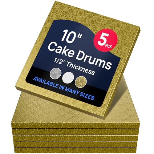 O’Creme Cake Board, Gold Foil Square Cake Drum with Gorgeous Design, Sturdy & Durable 1/2” Thick Cake Drums, Square Cake Boards 10” x 10” Inch, Pack of 5 Disposable Cake Drums - color: Gold, size: 10" x 10"