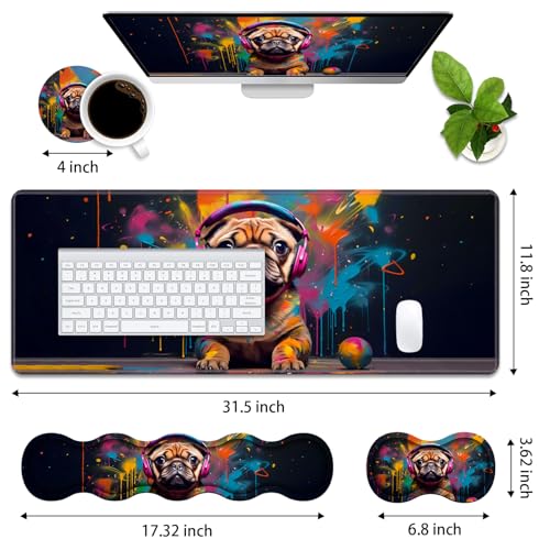 4 in 1 Ergonomic Memory Foam Mouse Pad Wrist Rest Set, Large XXL Gaming Desk Pad + Keyboard Wrist Rest + Mouse Wrist Cushion + Coaster for Home Office Study Gaming, Cute Pug with Headphones - color: Cute Pug With Headphones