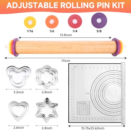 13.6" Adjustable Wooden Rolling Pin with 4 Thickness Rings & Cookie Molds - color: Natural Wood