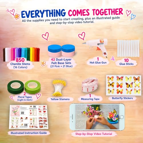 850Pcs Pipe Cleaner Crafts Kit w/ Felt Bases & Glue Gun, ASMR DIY Flowers - color: Rainbow