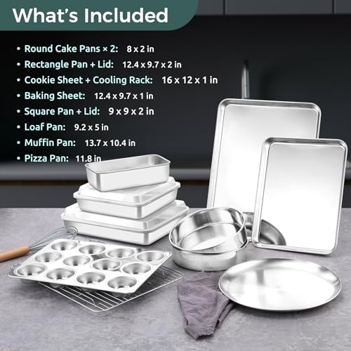 E-far 12-Piece Bakeware Sets, Stainless Steel Baking Pan Set Includes Cookie Sheet, Round Square Rectangle Cake Pans with Lids, Multi-Functional for Loaf Muffin Pizza, Non-toxic & Dishwasher Safe - size: 12-Piece Set