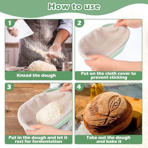 Nuogo 4 Pack Oval Bread Proofing Basket Silicone 10 Inch Collapsible,Green - color: Green