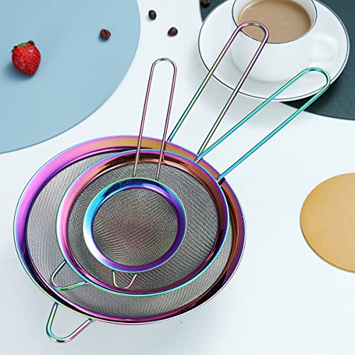 Kyraton Rainbow Fine Mesh Strainer 3 Pieces Set, Copper Flour Sifter For Baking, Stainless Steel Clander, Matcha Tea Strainer, Gravy Separator, Stasher Sieve Pasta Strainers - color: Rainbow