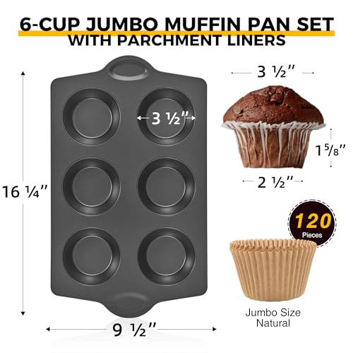HONGBAKE Nonstick Jumbo Muffin Pan, 2 Pack Large Cupcake Tin with 120pcs Muffin Liners, Cup Cake Tray for Baking, 3.5dia, 6 Cup, Premium, Extra Thick