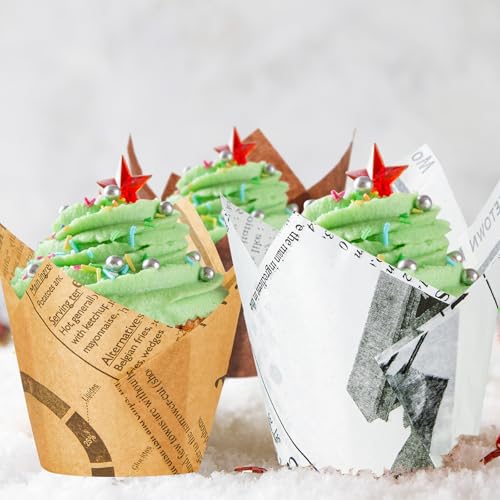 Potchen 800 Pcs Tulip Cupcake Liners Baking Cups,Newspaper,Mocha Style - color: Newspaper, style: Mocha Style