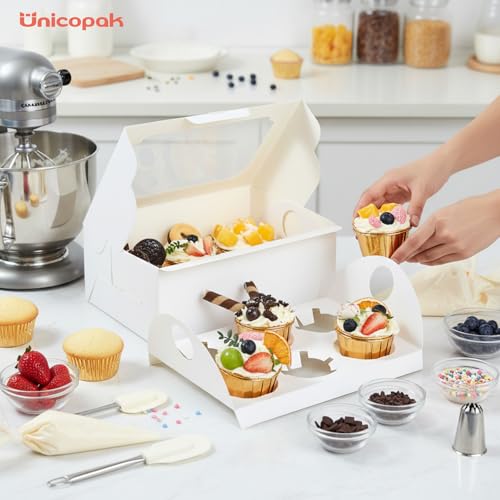 UnicoPak 20 Pack White Cupcake Boxes with Handle Tray - 4" Tall Large Muffin Boxes for 6 Cupcakes - Professional Food-Grade Cardboard Window Boxes for High Frosting, Toppers & Jumbo Treats - color: 20 pack white