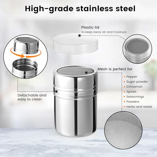 Powdered Sugar Shaker Duster, 2PCS Stainless Steel Cinnamon Shaker for Coffee Bar, Fine Mesh Dredge, Salt and Pepper Shakers for Soda, Cocoa, Cornstarch, Seasoning, 6 Ounce, with Lid