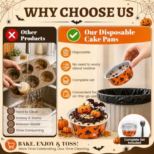 50 Pack Halloween Baking Supplies Mini Cake Pans with Lids and Spoons - color: Orange and Black