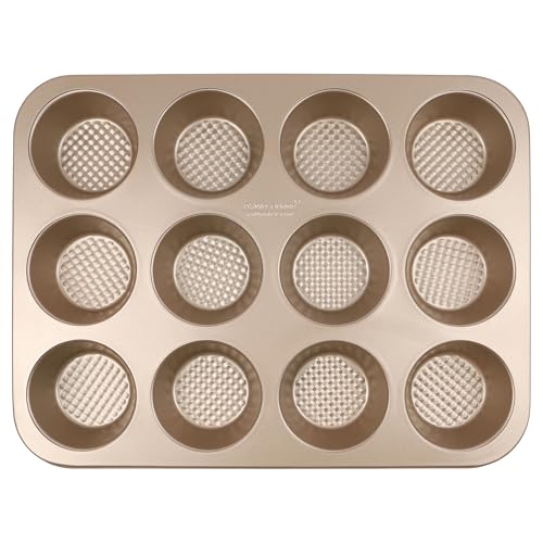David Burke 12-Cup Muffin Pan, Carbon Steel, PFTE & PFOA Free, Oven Safe, Diamond Textured Surface – Bronze - color: Bronze, size: 12-Cup Muffin Pan