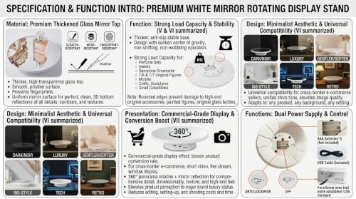 JAYEGT Motorized Rotating Display Stand, 10inch /11Lbs Load ,Mirror Cover ，360 Degree Electric Rotating Turntable ,Cup Display Turner Stand,Photography Products, Jewelry ,Tumbler -White
