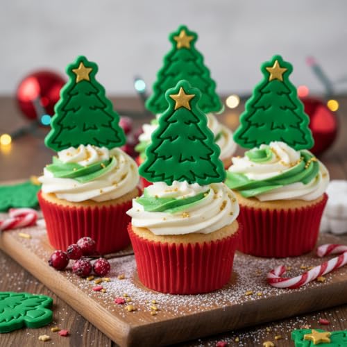 BAKERLOGY Christmas Tree Mini Cookie Cutter & Stamp Set – Festive Tree Biscuit Cutter Embosser for Holiday Cookies, Winter Baking, Cupcake Decoration Tool
