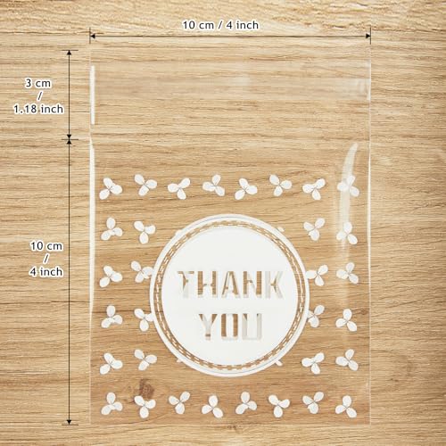 Jutieuo 100pcs Self-Adhesive Thank You Cookie Bags, 4x4 Inch White Polka Dot Clear Cellophane Treat Bags for Individual Dessert Pastry Goodie Candy Cookie Packaging, Party Favors, Bake Sale