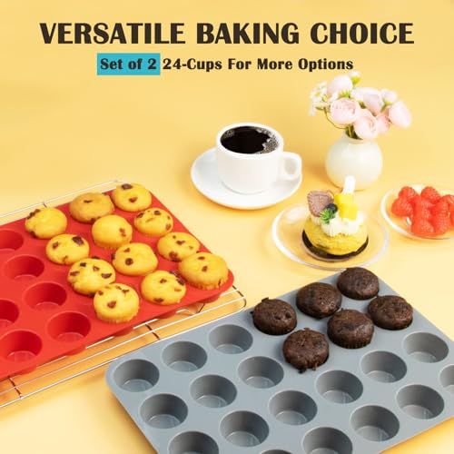 24 Cups Silicone Mini Muffin Pan Set, Nonstick Mini Cupcake Pans, BPA Free Small Muffin Tin for Baking, Set of 2 (Grey+Grey) - color: Set of 2--24 Cups (Gray+Gray)