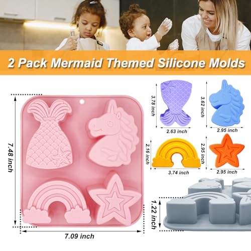 2 Pack Unicorn Molds Silicone 4 Cavity 3D Big Cartoon Themed Baking Mould Tray with Mermaid Rainbow Star for Baby Shower Birthday Party Chocolate Cake Mousse Pastry Soap Crayons Cupcake Topper - style: 4 Cavity Big Unicorn Molds