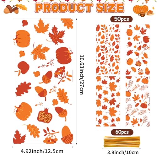 Fall Thanksgiving Cellophane Treat Bags - 50Pcs 5 x 11 Inch Autumn Pumpkin & Maple Leaf Candy Bags with 60 Gold Twist Ties, Plastic Goodie Bag for Cookies, Snacks, Gift Wrapping & Harvest Party Favors - color: Fall 50pcs