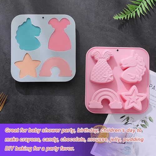 2 Pack Unicorn Molds Silicone 4 Cavity 3D Big Cartoon Themed Baking Mould Tray with Mermaid Rainbow Star for Baby Shower Birthday Party Chocolate Cake Mousse Pastry Soap Crayons Cupcake Topper - style: 4 Cavity Big Unicorn Molds