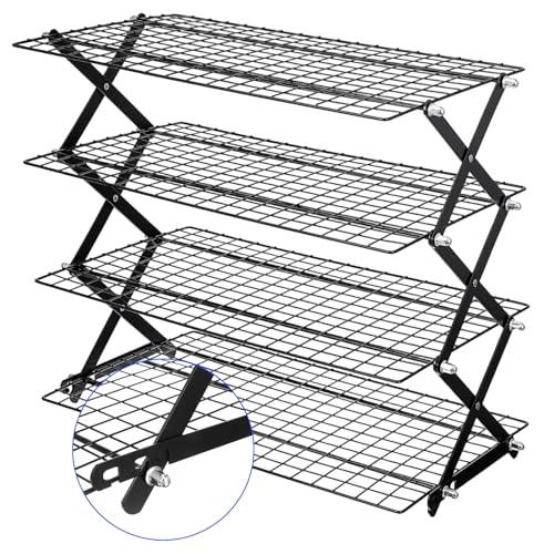 Sibba 4 Tier Collapsibl Cooling Rack, Adjustable 4 Setting Design Stainless Steel Baking Rack Stackable Roasting Cooking Drying Wire Cooling Racks for Cookies Baking Gifts for Women, Black