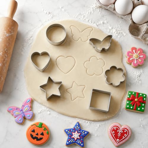 6-Pack Cookie Cutters, Flower Star Heart Circle Square Butterfly - color: 6 set silver
