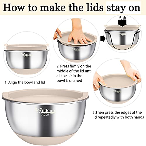Wildone Mixing Bowls with Airtight Lids, Stainless Steel Mixing Bowls Set - color: Khaki