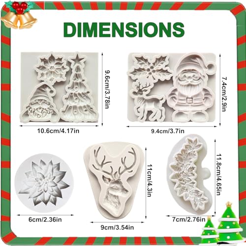 5 Pcs Christmas Silicone Molds, Christmas Tree Holly Leaf Santa Claus Reindeer Fondant Cake Decorating Baking Molds For Xmas Party Holiday Chocolate Candy Cookie Molds Sugarcraft Cupcake Topper