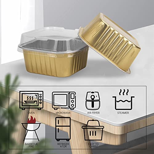 50 Pcs Mini Square Baking Cups with Lids,10oz Aluminum Foil Mini Cake Pans with Lids,Disposable Ramekins Cake Pans,300ml Dessert Cups Cupcake Pans for Wedding Birthday Party,Gold - color: Gold, size: 10oz