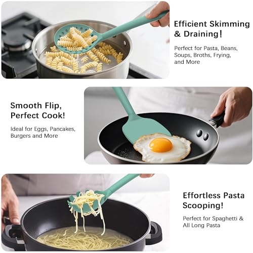 Coukre Silicone Kitchen Cooking Utensils Set, Heat Resistant, 14-Piece - color: PureAquaGreen