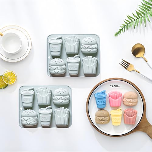 6 Cavity Fast Food Silicone Molds with Hamburger, Cola and Fries Shapes - color: Blue-R0152