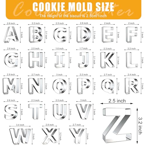 Letter Cookie Cutters Shapes Large 3 Inch - 26 Pcs Stainless Steel Alphabet Letter Cookie Cutter Set Fondant Biscuit Fruit Dough Mold Tools for Sandwich, Birthday, Christmas, and Holiday Party - color: 3 INCH-26PCS Letter