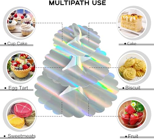 3-Tier Cupcake Stand Tower, Rainbow Silver Cardboard Cake Holder for Birthday Wedding Party Displays, Laser Silver Design - Space-Saving Dessert Table Decor (1 Pack) ﻿ - color: Rainbow Silver 1 Pack
