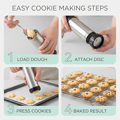 Cookie Press Kit, Stainless Steel Cookie Gun with 13 Discs & 8 Nozzles, Effortless Cookie Maker and Frosting Decorating Tool for Bakers