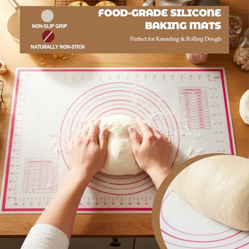 Silicone Baking Mat 23.6" × 15.7" Extra Large Pastry Dough Mat with Measurements For Rolling Dough Bread Pizza Pie Crust Fondant Making Oven Liner Kitchen Counter Non-Slip Non Stick Reusable