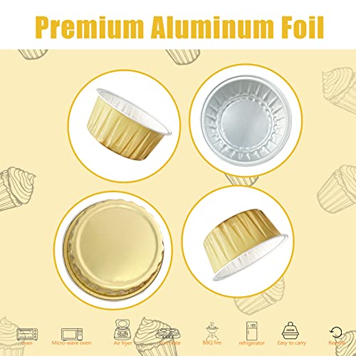 100Pcs Aluminum Cups with Lids,5oz Disposable Ramekin Baking Cups Muffin Liners Mini Pie Pans Foil Cupcake Containers for Christmas Party Wedding Party,Gold - color: Gold
