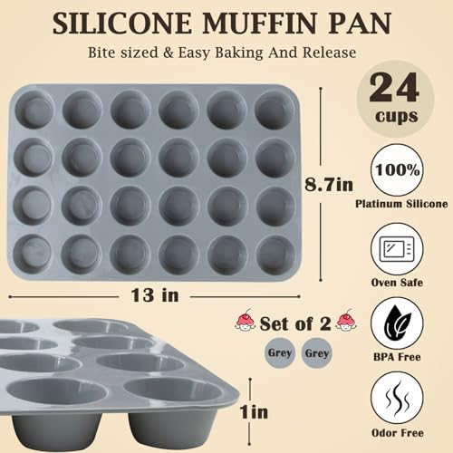 24 Cups Silicone Mini Muffin Pan Set, Nonstick Mini Cupcake Pans, BPA Free Small Muffin Tin for Baking, Set of 2 (Grey+Grey) - color: Set of 2--24 Cups (Gray+Gray)