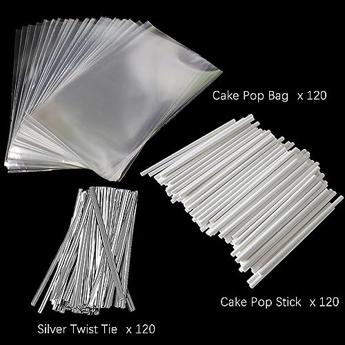 360Pcs Cake Pop Sticks and Wrappers Ties Kit - style: 120 Sticks, 120 Bags, 120 Silver Ties