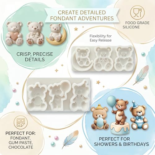 2Pcs Teddy Bear Fondant Mold Set, Moon Balloon Bear Silicone Molds - color: Bear silicone mold