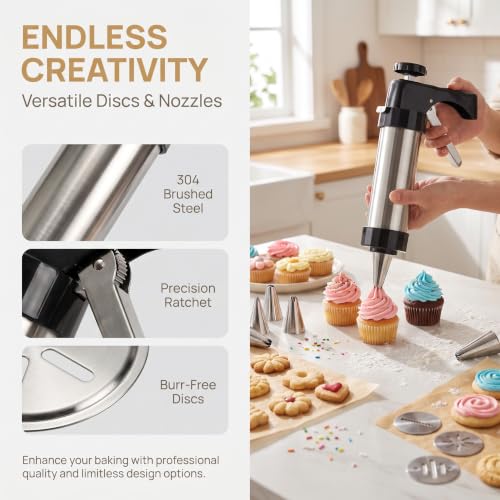 22-Piece Stainless Steel Cookie Press Set, 13 Discs & 8 Piping Tips - color: Black