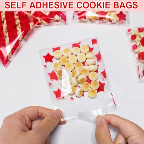 ZYLOP Self Sealing Red Cookie Bags - 200Pcs 4x4 Inch Red Striped Cellophane Treat Bags, Small Clear Plastic Candy Bag for Bakery, Carnival Party Favors, Wedding Sweets & Small Business Packaging - color: Red 200pcs