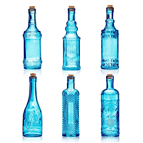 BULK PARADISE Assorted Blue Glass Bottles with Corks, 6 Pack, 2.5in X 9in, 16oz - color: Blue
