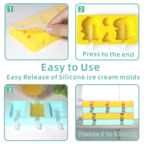 Kids Cartoon Popsicle Molds - 4 Pack, 10-Cavity Food-Grade Silicone Ice Pop Cream Molds, with Reusable Sticks, Non-Stick Flat Design, Easy Release, Stackable for Space Saving - color: fawn+cat's claw+stripes+pine tree