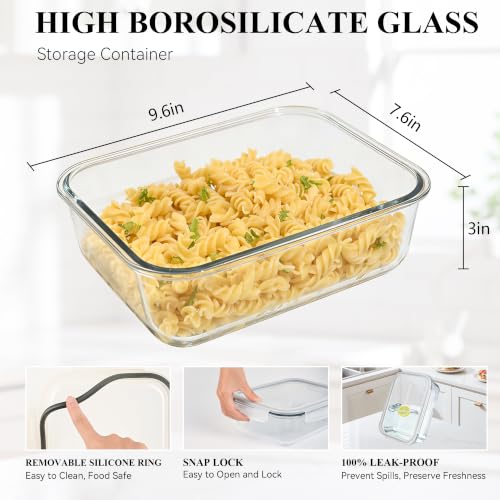 2 Pack 78 Oz / 9.8 Cups Large Glass Food Storage Containers with Lids, Meal Prep Containers for Baking, Serving, Glass Storage Container, BPA Free, Leakproof, Freezer, Microwave/Oven Safe - color: Grey