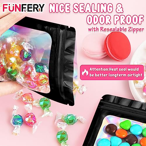 Funfery 100 Pack Resealable Holographic Bags, Smell Proof Packaging, Black - color: Black, size: 3x4.7 inch