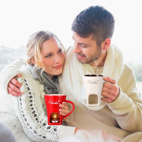 Honeydak 2 Set Chocolate Fondue Mug with Fork ＆ Candle, Red, White - color: Red, White