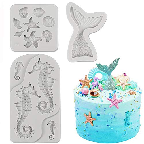 SAKOLLA Mermaid Theme Cake Fondant Mold - Seahorse Seashell Starfish Mermaid Tail Silicone Mold for Cake Decoration, Chocolate, Candy, Polymer Clay, Cupcake Decor, Sugar Craft - color: Marine Theme 3 Pcs/White